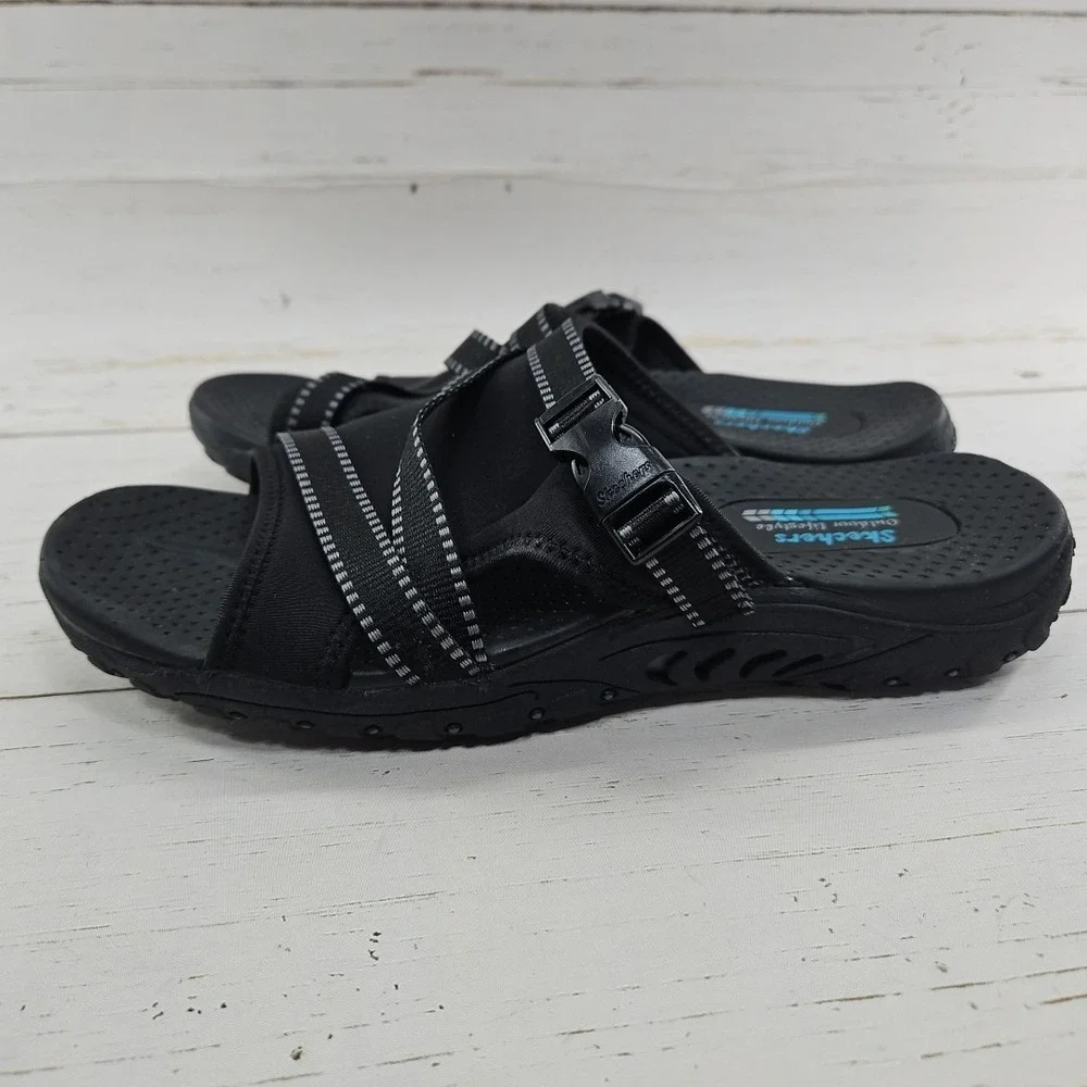 Skechers Sandals Womens Size 10 Black Reggae Slide Outdoor‎ Lifestyle 56196S